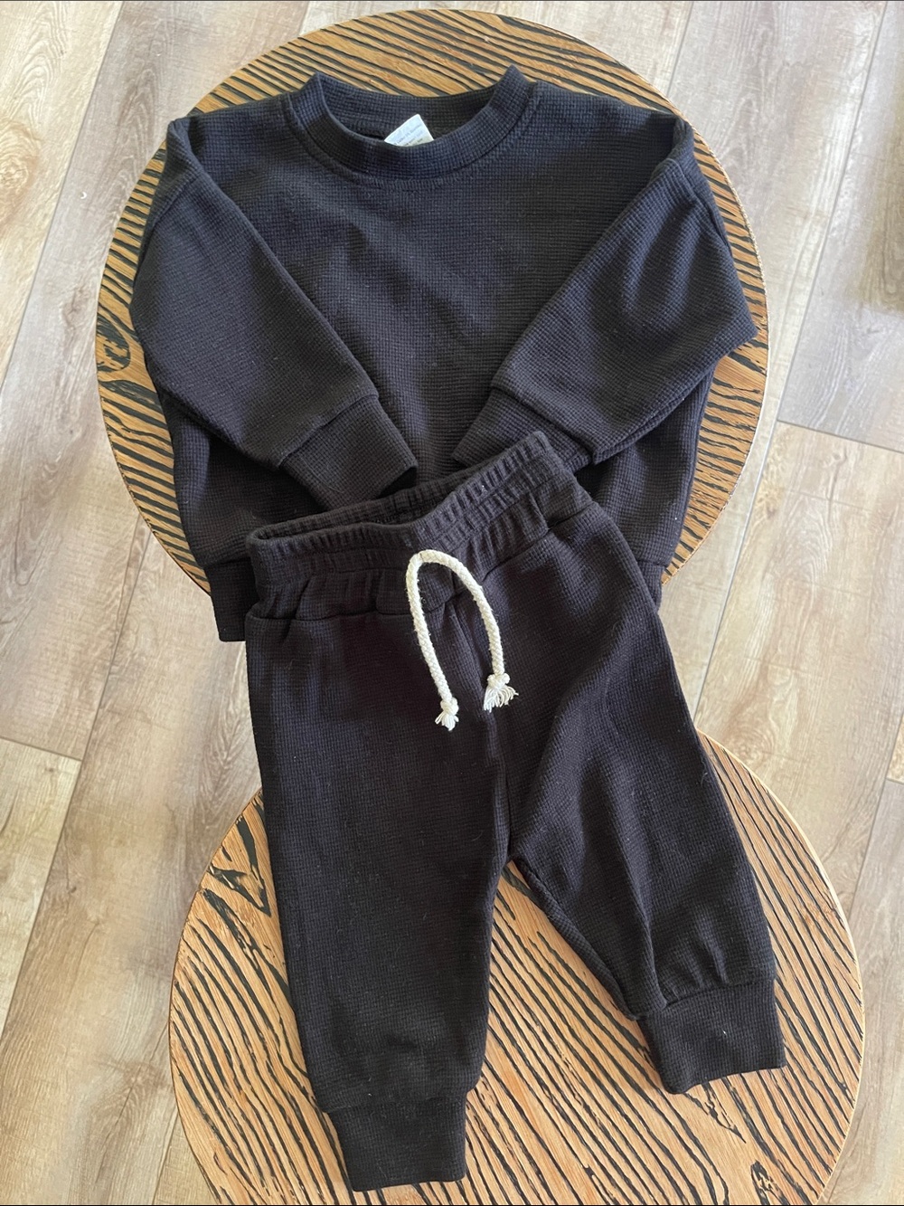 Black Waffle Knit Crewneck & Jogger Set